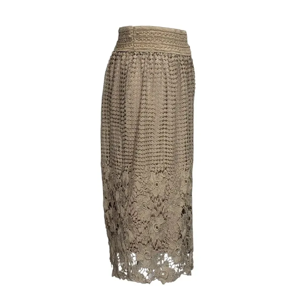 J. Gee Vintage 90s Crochet Knit Midi Skirt in Tan Khaki - Size Medium